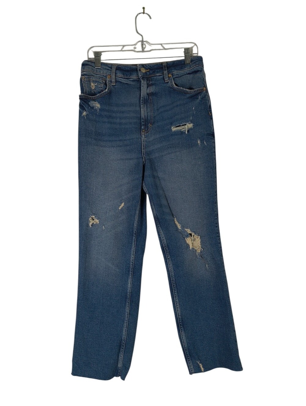We The Free Jeans Women's 30 Blue High Rise Distressed Straight Leg Raw Hem